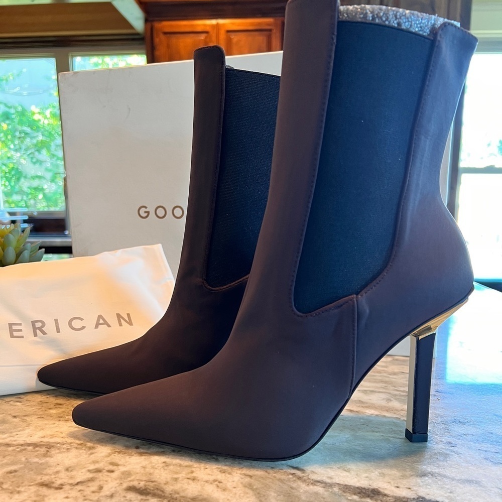 Good American Kickstand Neoprene Stiletto Boots Ankle Chocolate Brown Booties - Picture 1 of 7